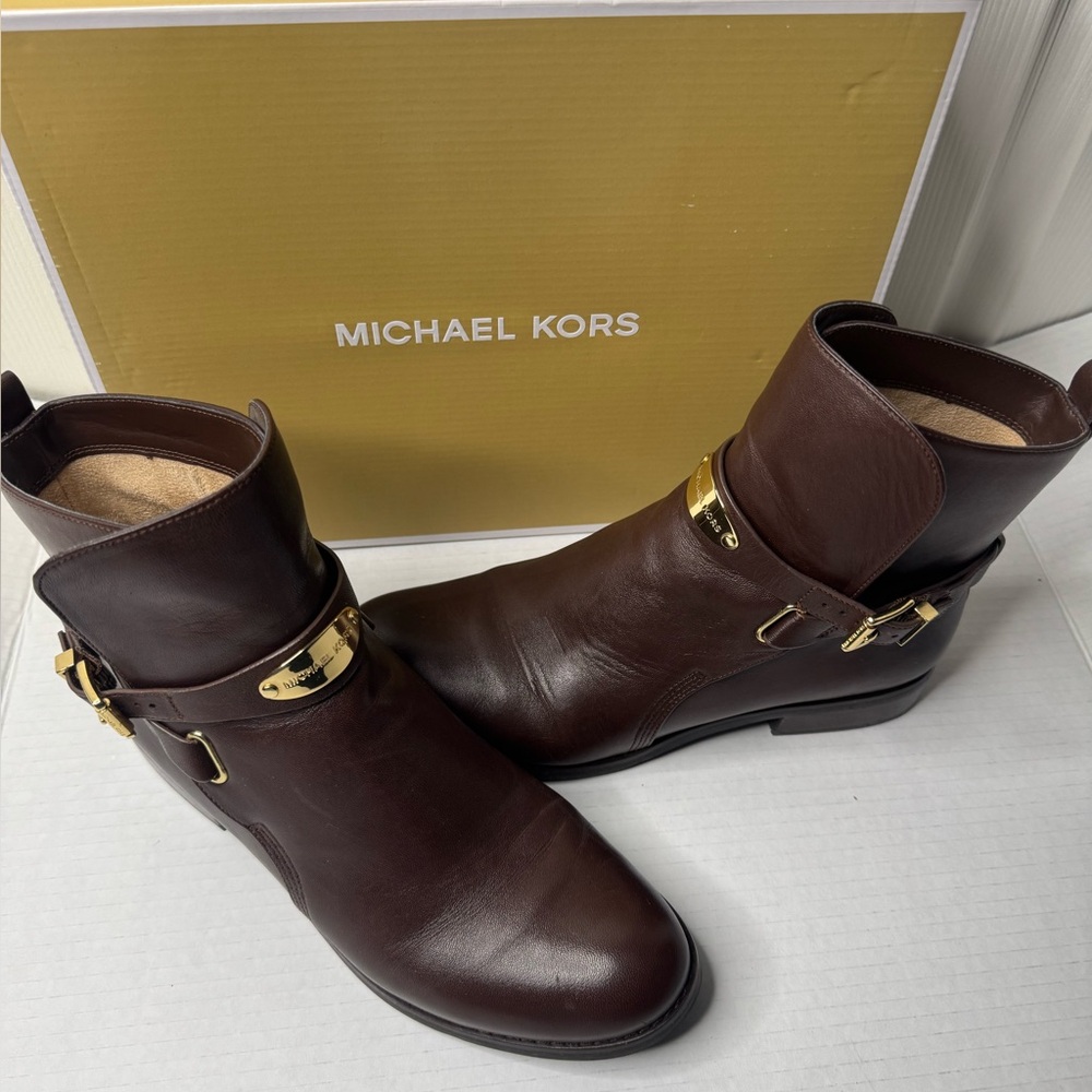 Michael Kors Dark Brown Leather Boots with Gold Buckles